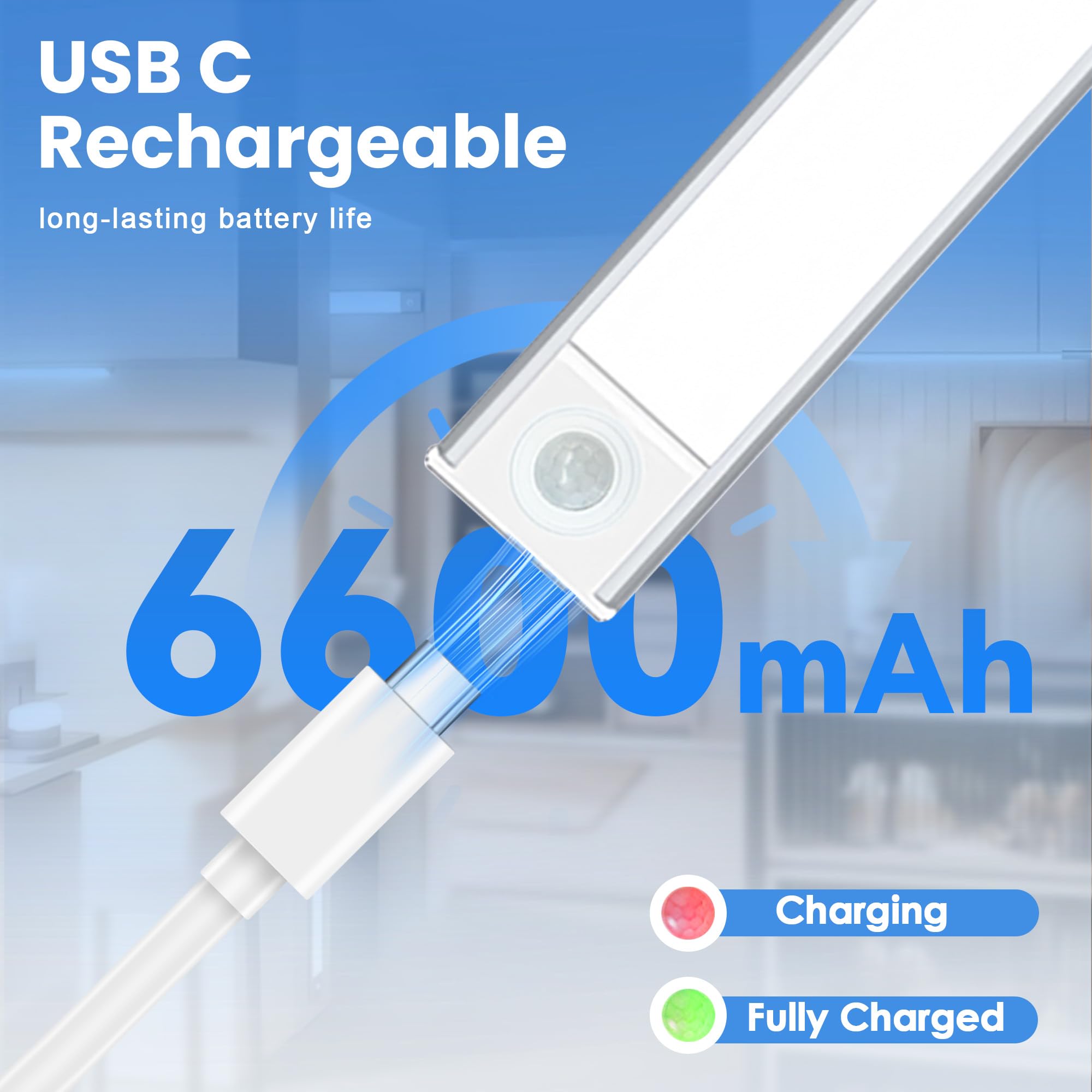 80CM LED dimmbare Unterbauleuchte Küche Lampe 6600mAh wiederaufladbar | Schrankbeleuchtung mit Bewegungsmelder 3 Lichtwärme magnetische Lichtleiste für Küchenschrank Kleiderschrank Regal Bad