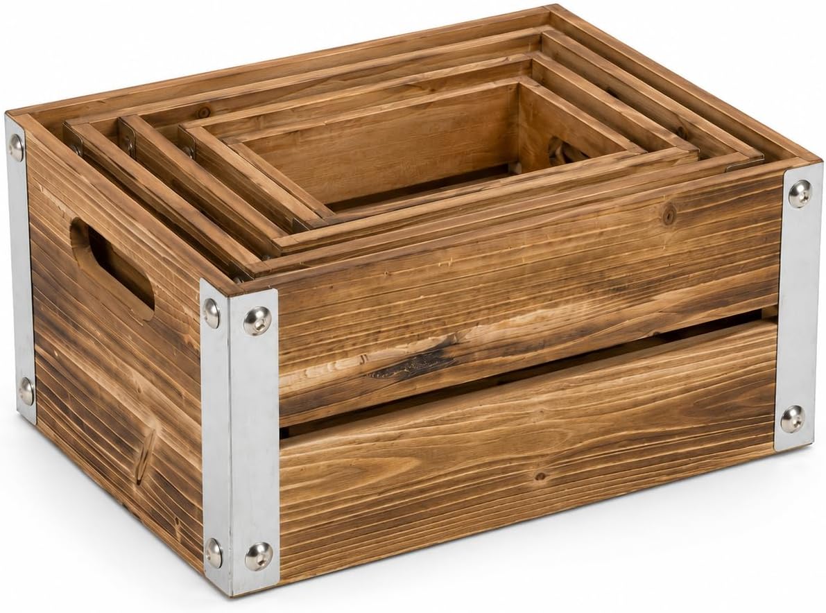 Oojami 4 Pack Storage DIY Wood Crates Cutout Handles, Decorative Nesting Wood Box for Storage, Organization and Display, Set of 4 (Antique Brown) image 2