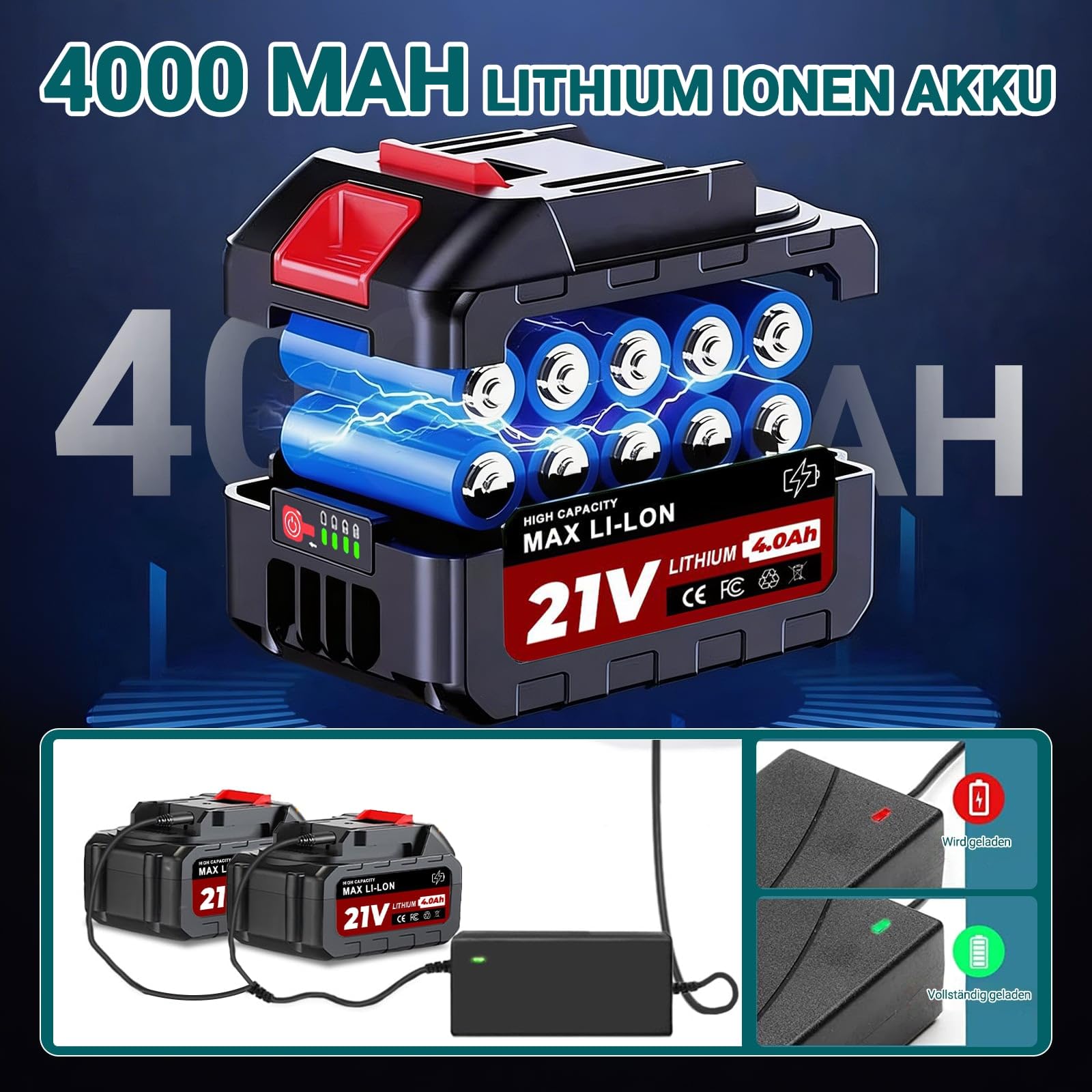 Akku Rasentrimmer für Makita Akkus, Rasentrimmer mit Akku 21V, Rasentrimmer mit Unkrautbürste, Freischneider Akku - Inkl. 2 X 4.0Ah Batterie & Ladegerät, 750W Bürstenloser Motor (Blau)