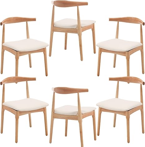 Wood Dining Chairs Set of 6, Linen Fabric Dining Chairs with Open Curved Back, Mid Century Modern Dining Room Chairs Farmhouse Kitchen Chairs for Dining Room Restaurant -Natural Wood Finish, Beige