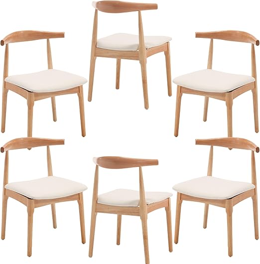 Wood Dining Chairs Set of 6, Linen Fabric Dining Chairs with Open Curved Back, Mid Century Modern Dining Room Chairs Farmhouse Kitchen Chairs for Dining Room Restaurant -Natural Wood Finish, Beige