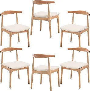 Wood Dining Chairs Set of 6, Linen Fabric Dining Chairs with Open Curved Back, Mid Century Modern Dining Room Chairs Farmhouse Kitchen Chairs for Dining Room Restaurant -Natural Wood Finish, Beige