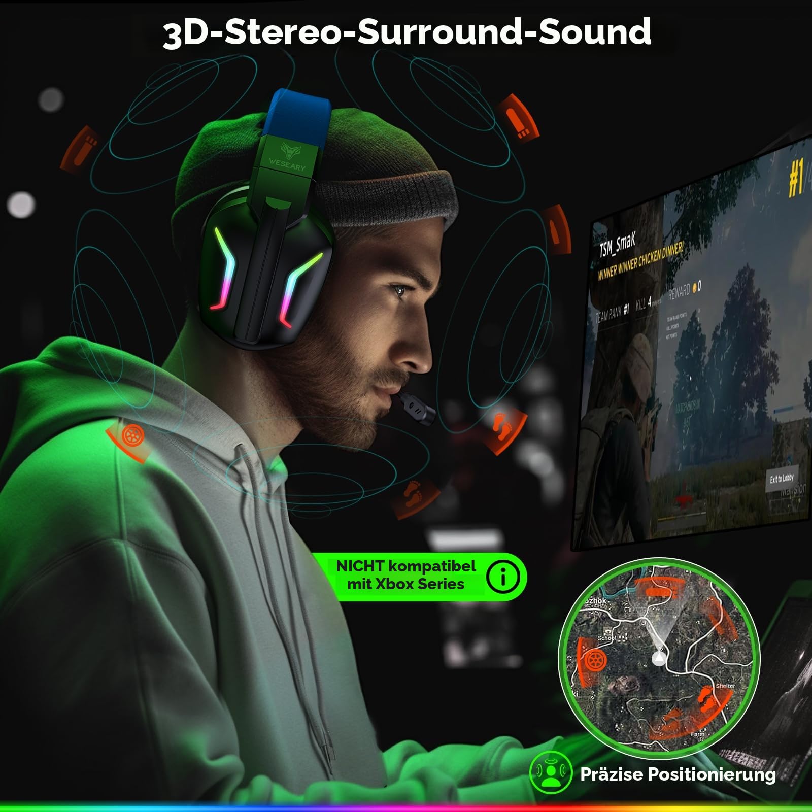 WESEARY WG1 Bluetooth Headset, 2,4G Wireless Gaming Headset mit Mikrofon für PS5, PS4, PC, Switch, Mac, Faltbarer Surround Sound Noise Cancelling Kopfhörer mit LED Licht, Über 50 Stunden Akkulaufzeit