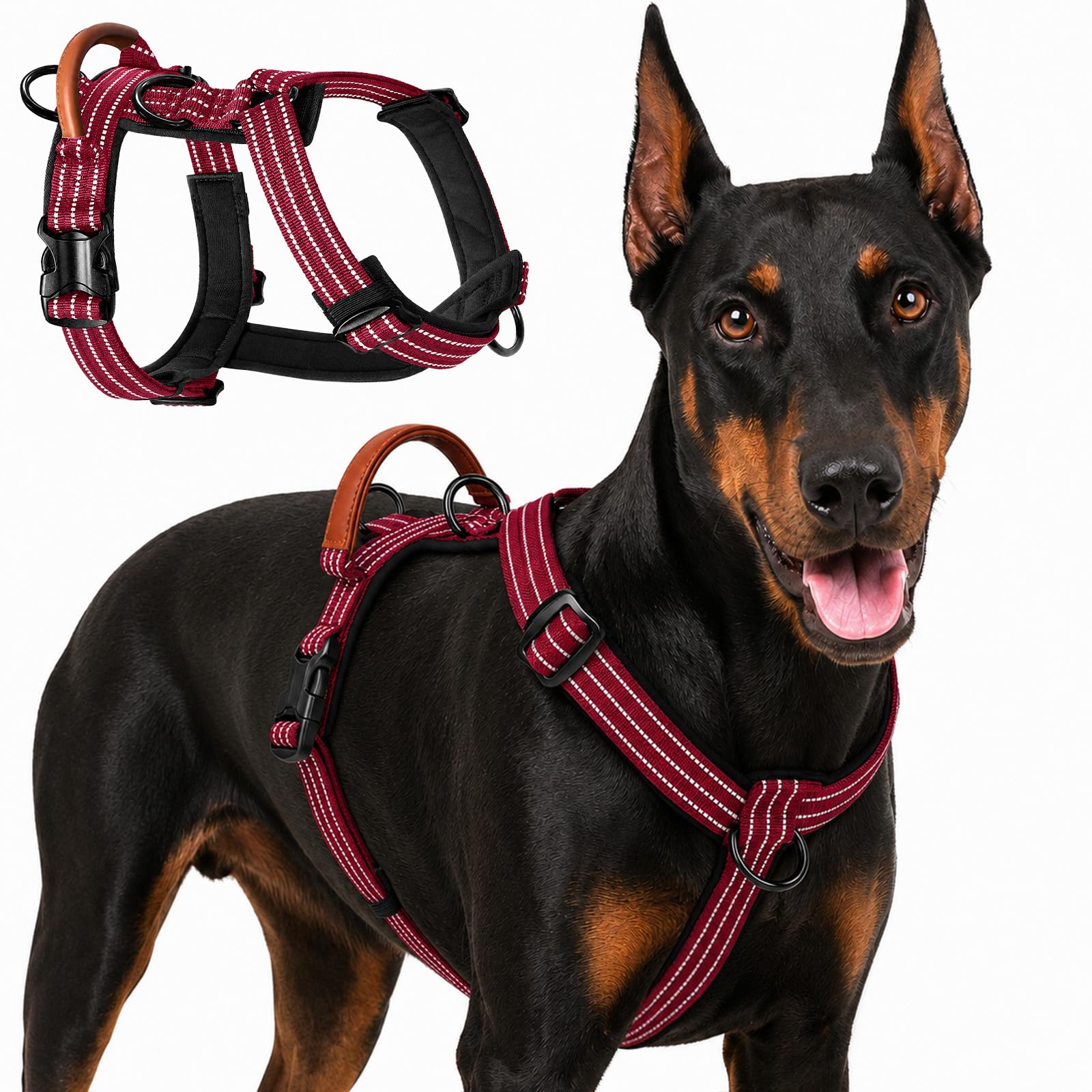 Avepisry Escape Proof Dog Harness, No Pull Padded Breathable Pet Harness, Adjustable Reflective Dog Vest with Chest Release Buckle and 3 Leash Clips for Medium Large Dogs Outdoor Walking (Red, L)