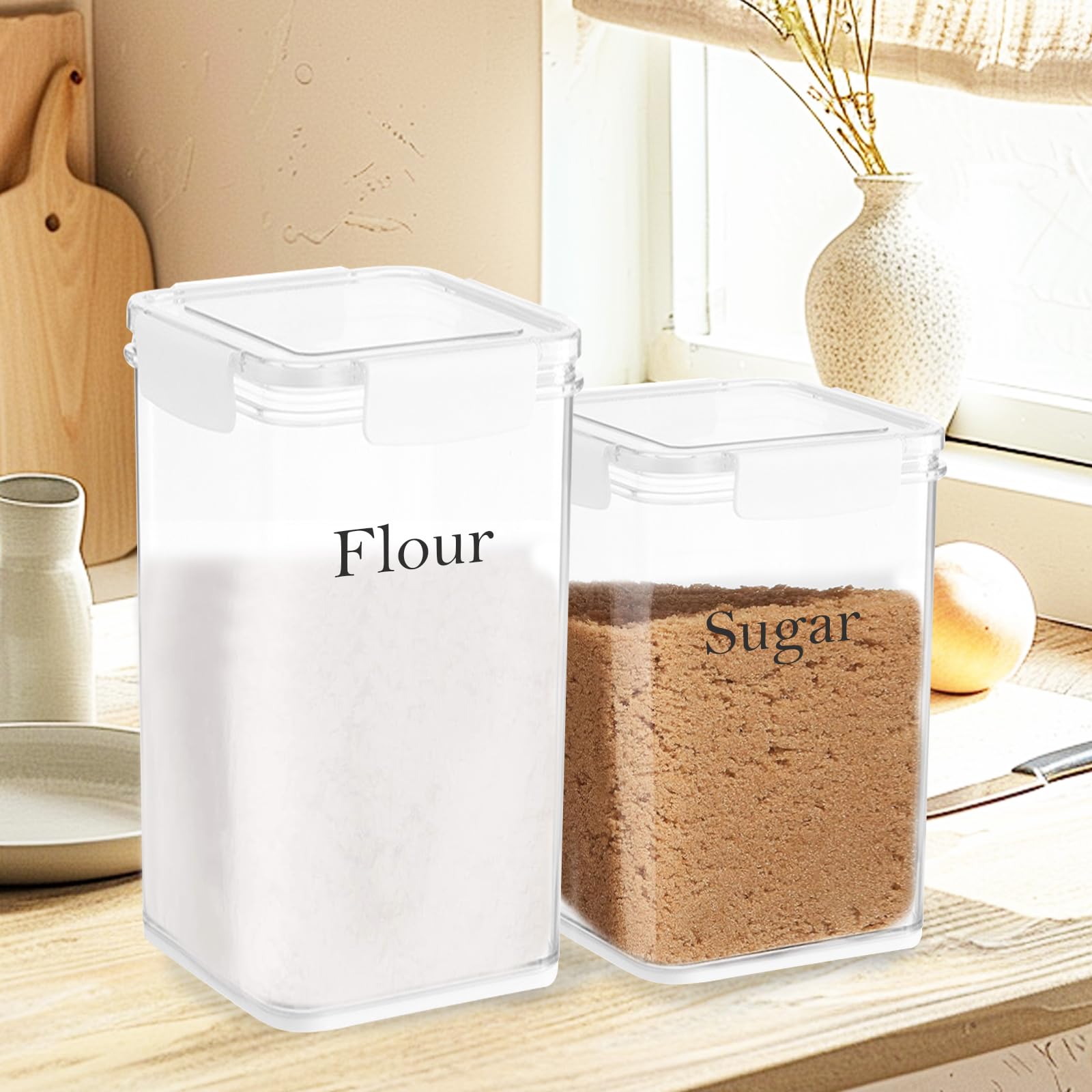 Juego de 2 tarros grandes de almacenamiento de alimentos de 4 L, recipientes herméticos con tapas, color blanco con cuchara gratis, recipientes de cocina para azúcar, harina, café,