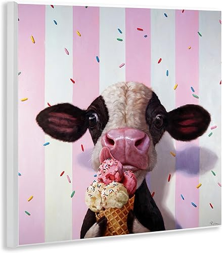 Miniatura 3 de Stupell Industries Linda vaca bebé con cono de helado a rayas rosas, diseñada por Lucia Heffernan, placa de pared, 12 x 12 pulgadas, marrón