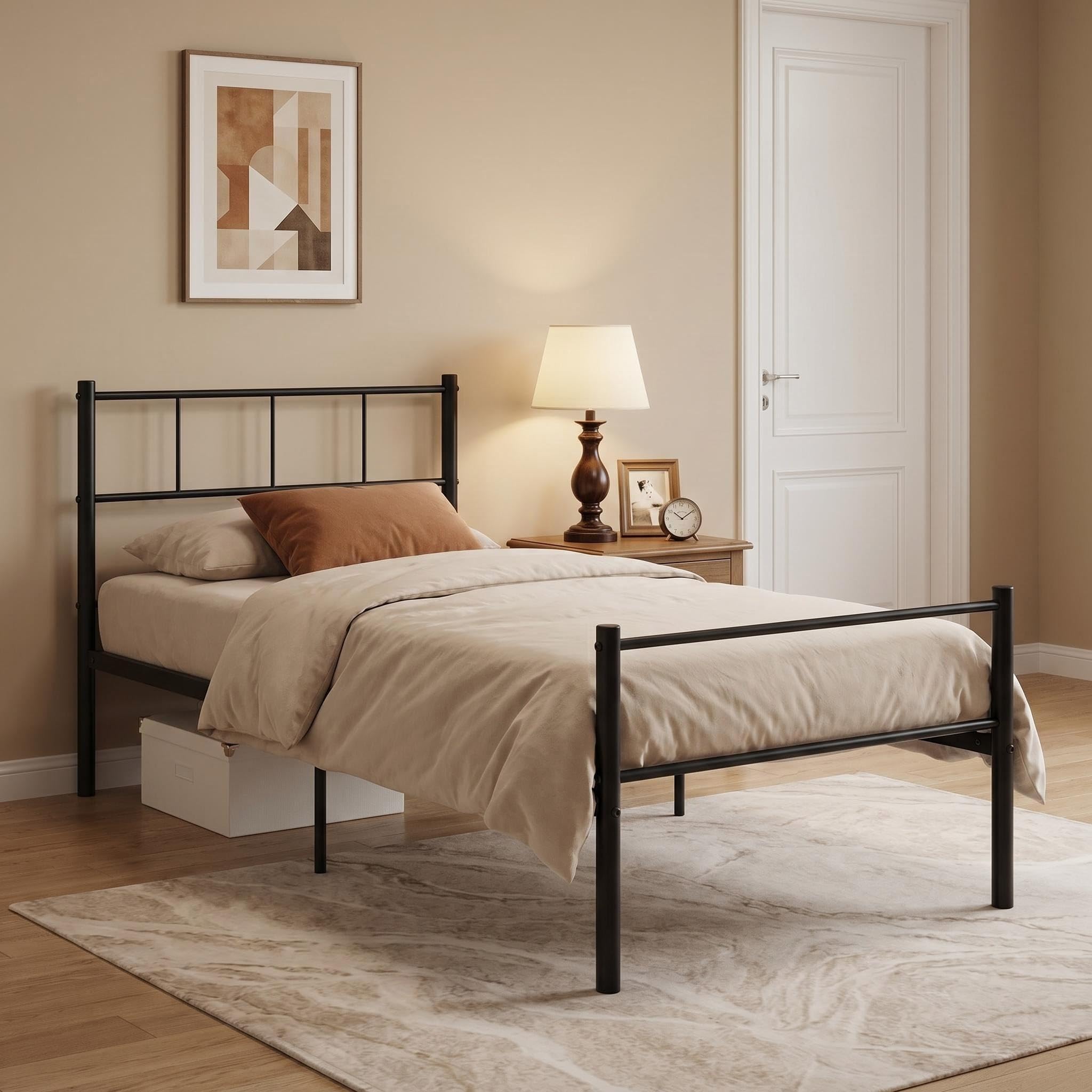 Panana Single Metal Bed Frame, 3FT Modern Design Bed Base with Strong Metal Slats, Headboard and Footboard bedroom furniture for Kids Adults (Black)
