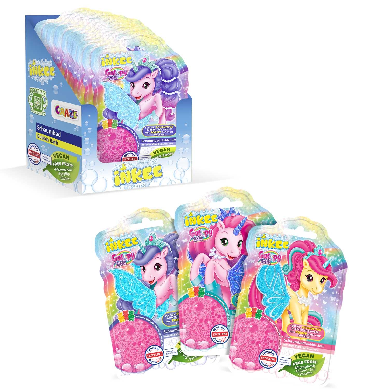 INKEE Gel de Baño Unicornio para Niños,Fórmula Suave con Aloe Vera y Aroma a Gominolas, Espuma Divertida y Cuidado Natural para Piel Sensible 15x40 gr