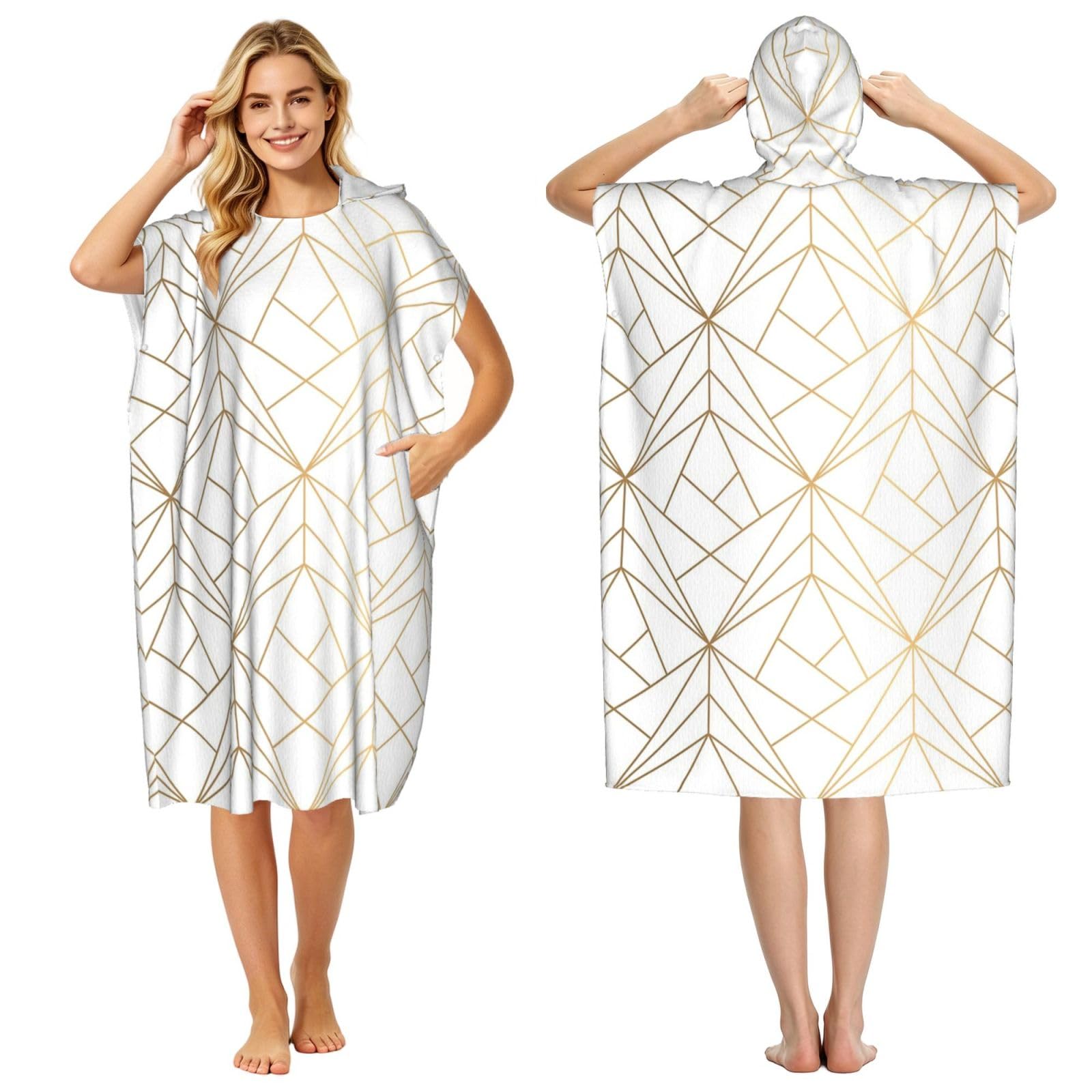 Poadnly Geometric Gold Pattern With White Shimmer, Adult Hooded Beach Towel 90 x 110 cm,Changing Bath Robe, Surf Poncho Towel For Women Men