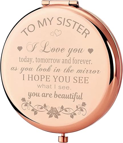 GAOLZIUY Espejo compacto de regalo de hermana, espejo compacto de oro rosa para hermana mayorpequeña, regalos de cumpleaños para graduación, San GAOLZIUY Espejo compacto de regalo de hermana, espejo compacto de oro rosa para hermana mayorpequeña, regalos de cumpleaños para graduación, San