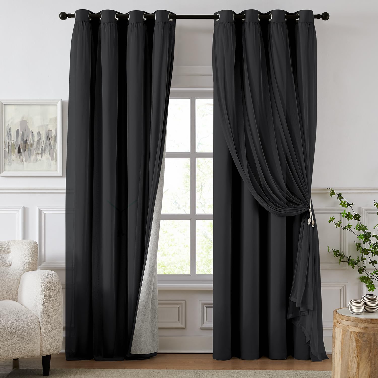 100% Blackout Curtains for Bedroom, Double Layer Black 63" L