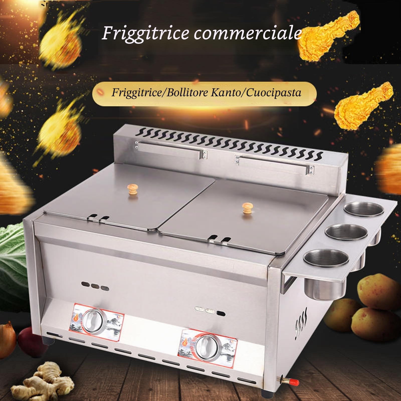 Friteuse à gaz Professionnelle GPL Commerciale a doppio serbatoio 2x8L Friggitrici olio in Acciaio Inox, per uso domestico e commerciale,potenza di fuoco regolabile,include cestini e coperchi