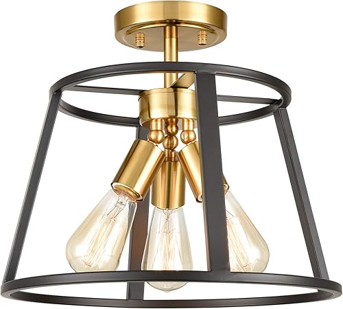 HYDELITE Lámpara de techo semiempotrada estilo casa de campo, moderna lámpara de techo de latón y negro, 3 luces