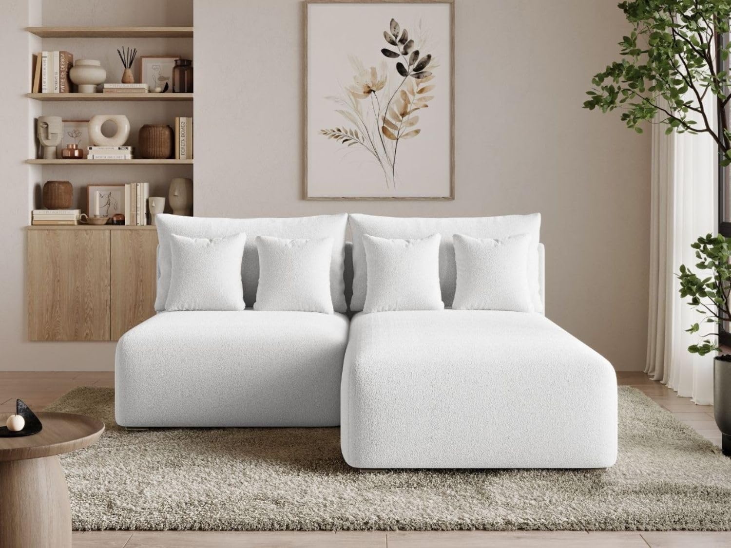GRAINGOLD Ronni L Ecksofa mit Schlaffunktion und Bettfunktion, 206x190 cm, L-Form Sofa, Schlafcouch für Wohnzimmer, Bouclé-Stoff, 3-Sitzer Eckcouch, Ecksofa mit Stauraum (Weiß, Rechts)