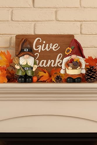 Miniatura 7 de iStatue Decoraciones de Acción de Gracias, figuras de gnomo de otoño, paquete de 2 figuras de resina de cosecha con calabazas, trigo y canasta,