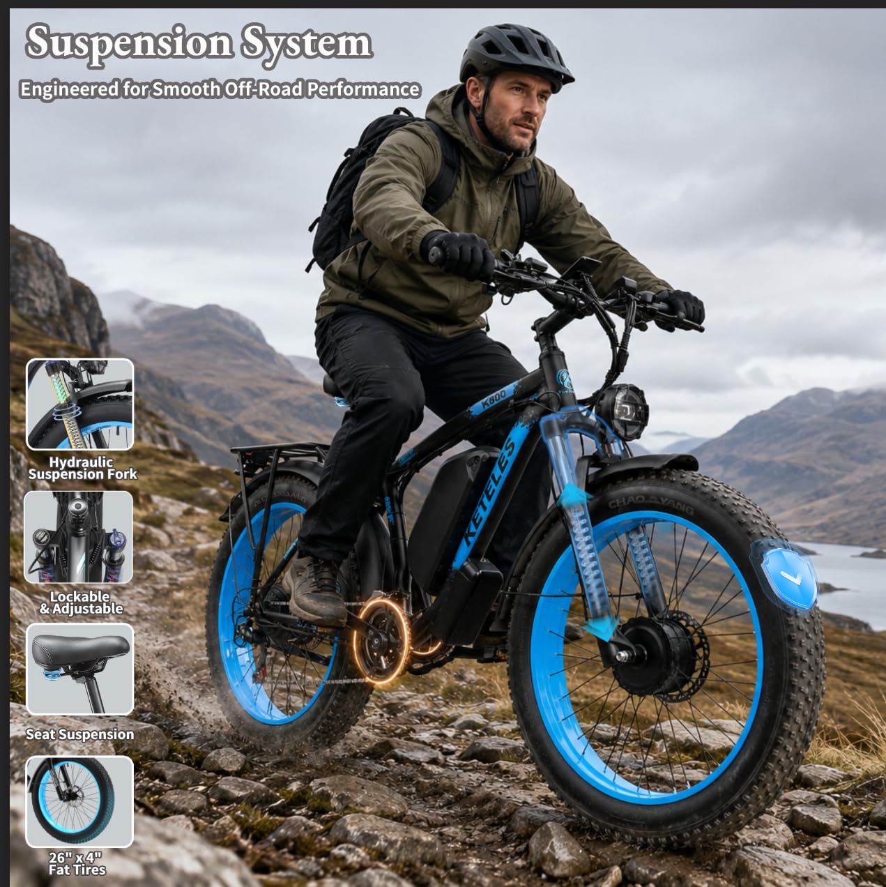 Bicicletta Elettrica Adulto, 26'' ×4.0'' Fat Tire Bici Elettrica, 21 Velocità Bicicletta Elettrica da 48V 23Ah Batteria Rimovibile, 25km/h & Autonomia di 120-140km E-bike