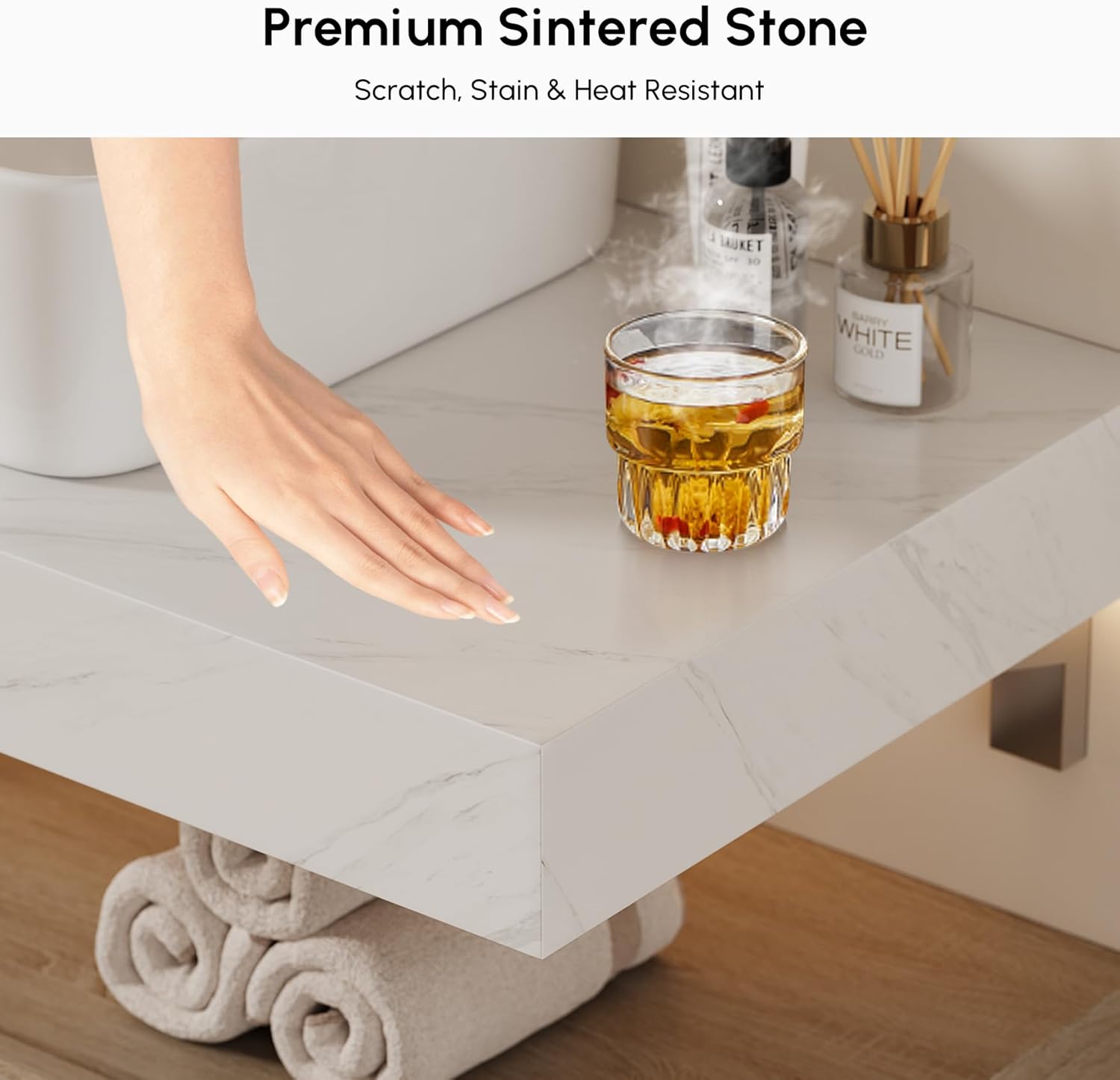 homary 35'' Floating Bathroom Vanity with Sintered Stone Countertop, Wall-Mounted Bathroom Cabinet with Ceramic Sink & Drawer Storage, Waterproof Modern Single Vanity, Natural