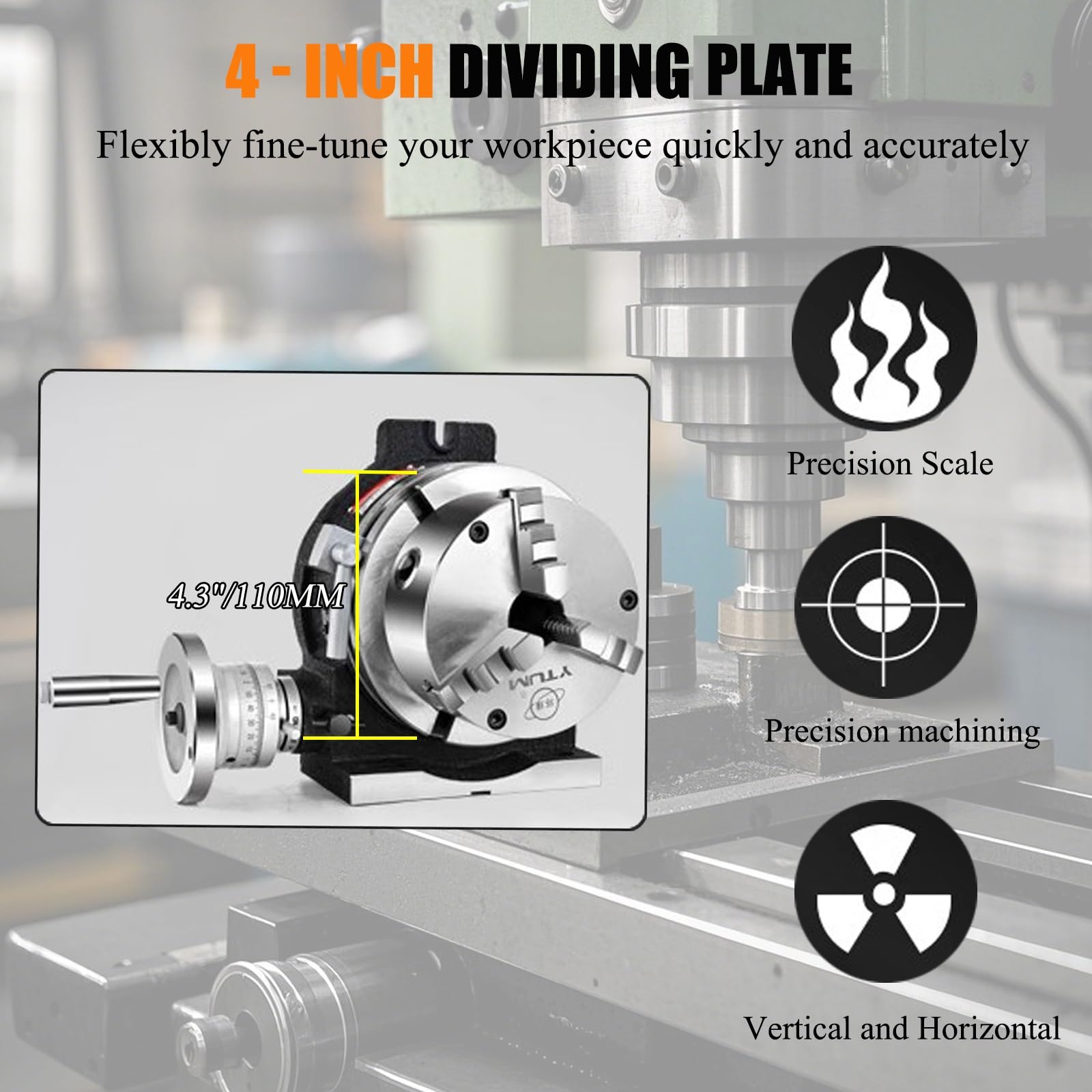 Fresado de precisión de 4 Pulgadas / 110 mm con Mandril de Tres mordazas de 3 Pulgadas / 80 mm, Mesa rotativa para Las Herramientas de indexación en ingeniería de fresado