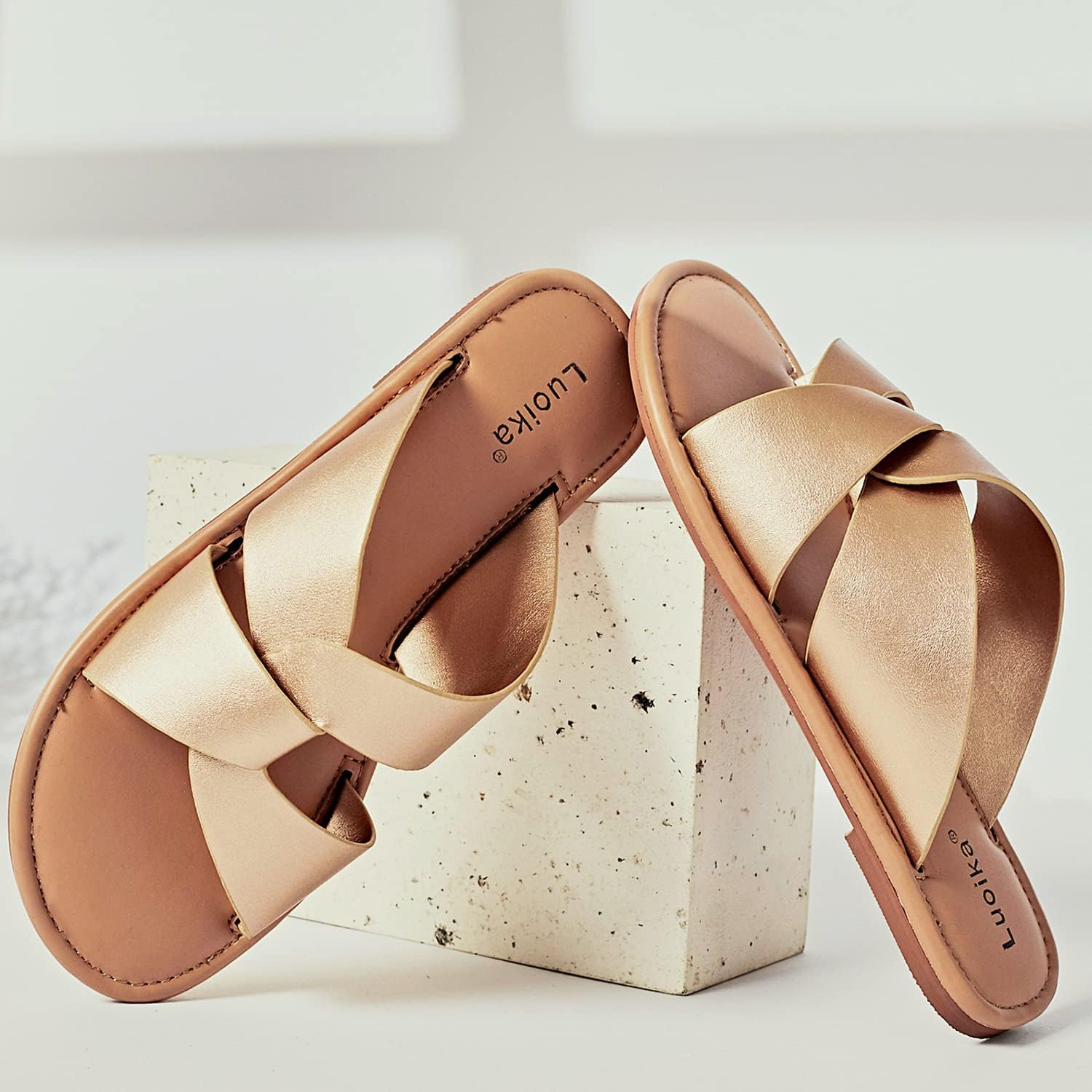 Luoika Women's Wide Width Flat Slides Sandals, Strapy Slide Sandal Slip on Dressy Summer Shoes for Women. - Image 3