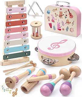 Atoylink Rosa Musikinstrumente für Kinder ab 1 Jahr mit Holz Xylophon Tamburin Trompete Tragbarer Handkoffer, Montessori Spielzeug Geschenke für Jungen Mädchen ab 1Jahre