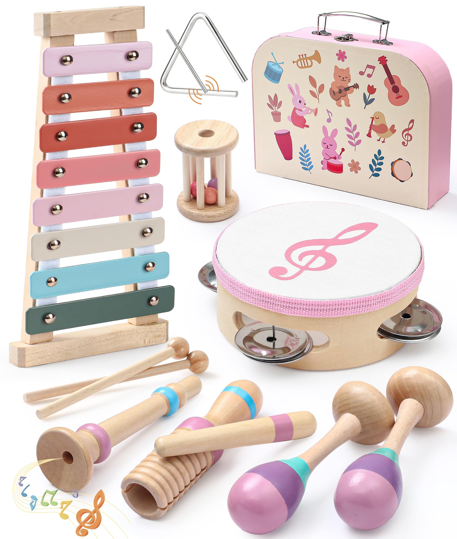 Atoylink Kids Baby Wooden Musical Instruments Toys with Portable Carry Case, Wooden Xylophone, Tambourine, Maracas, Trumpet Montessori Toy Gifts for Boys Girls 1 2 3 Year Olds