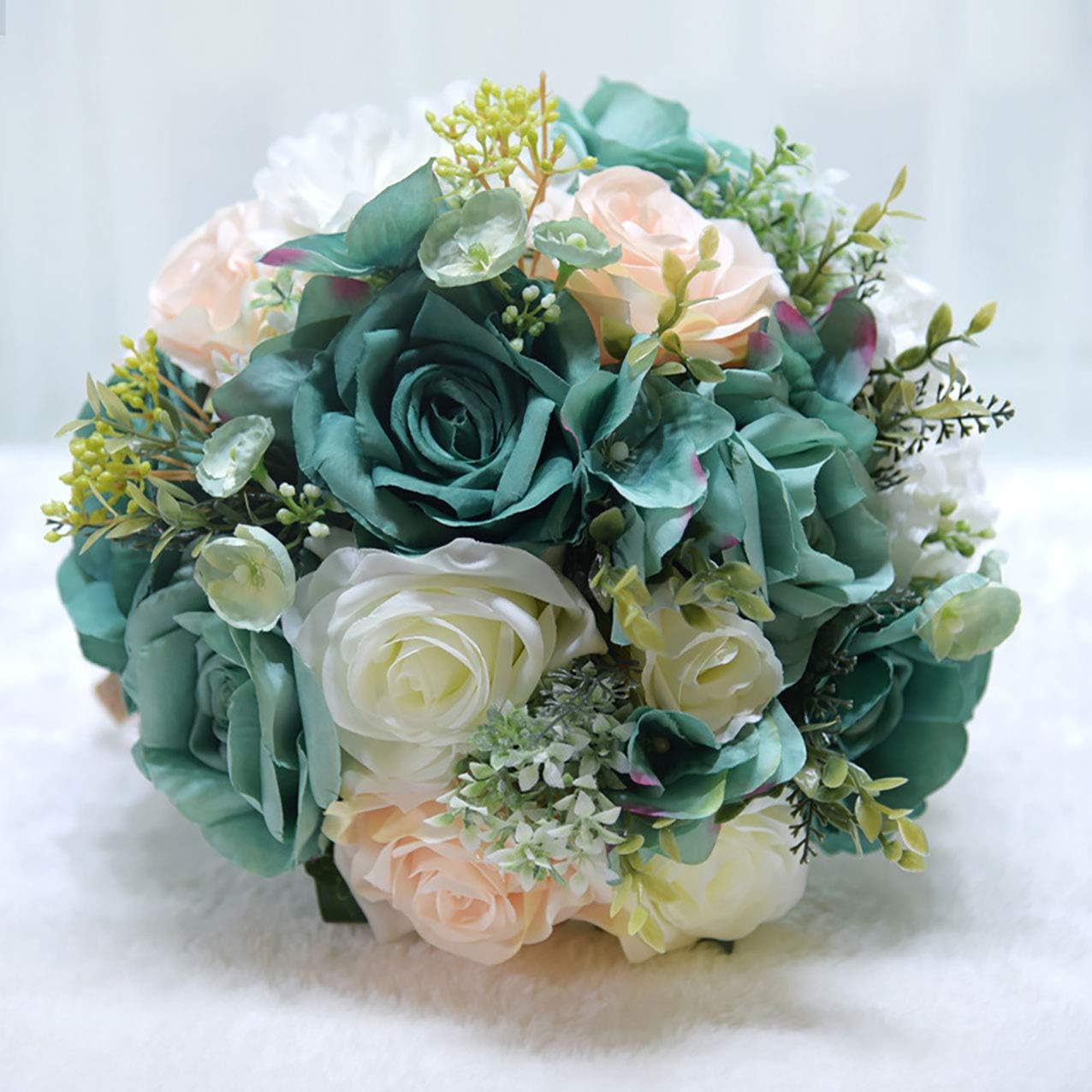 9.8" Bridal Holding Wedding Bouquet Real-Looking Mixed Flowers Ivory Greenery Bridal Wedding Throw Bouquet for Wedding Brides Bridesmaid Wedding Hold Flower, Vintage Green Bouquet