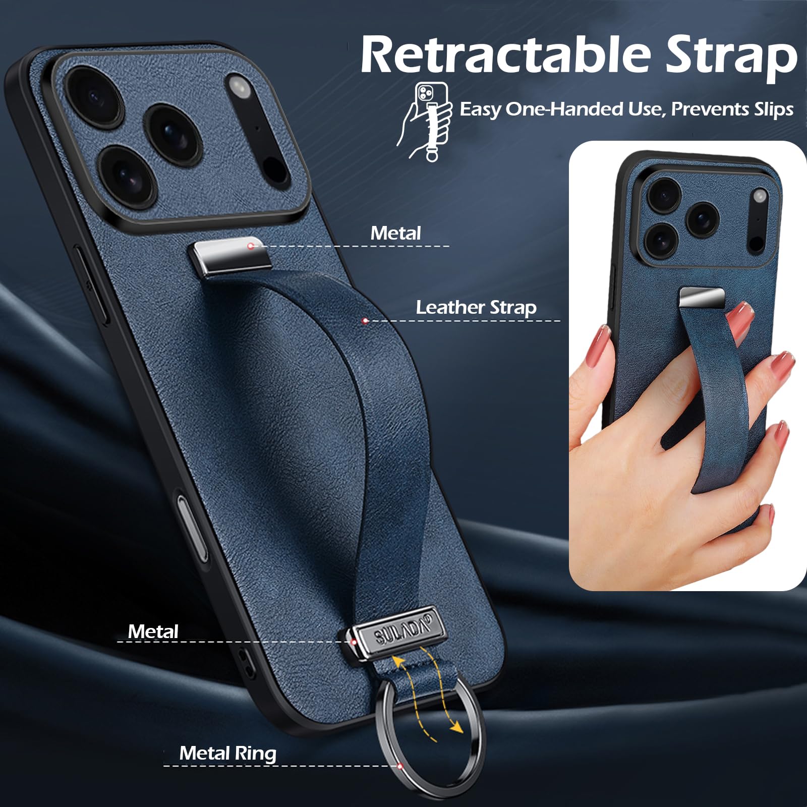 Funda para iPhone 17 Pro Max/17 Pro/17 Air/17, Correa de Cuero Sintético con Soporte de Anilla, Protección Total para la Lente y Carcasa Fina a Prueba de Golpes.-Blue||17