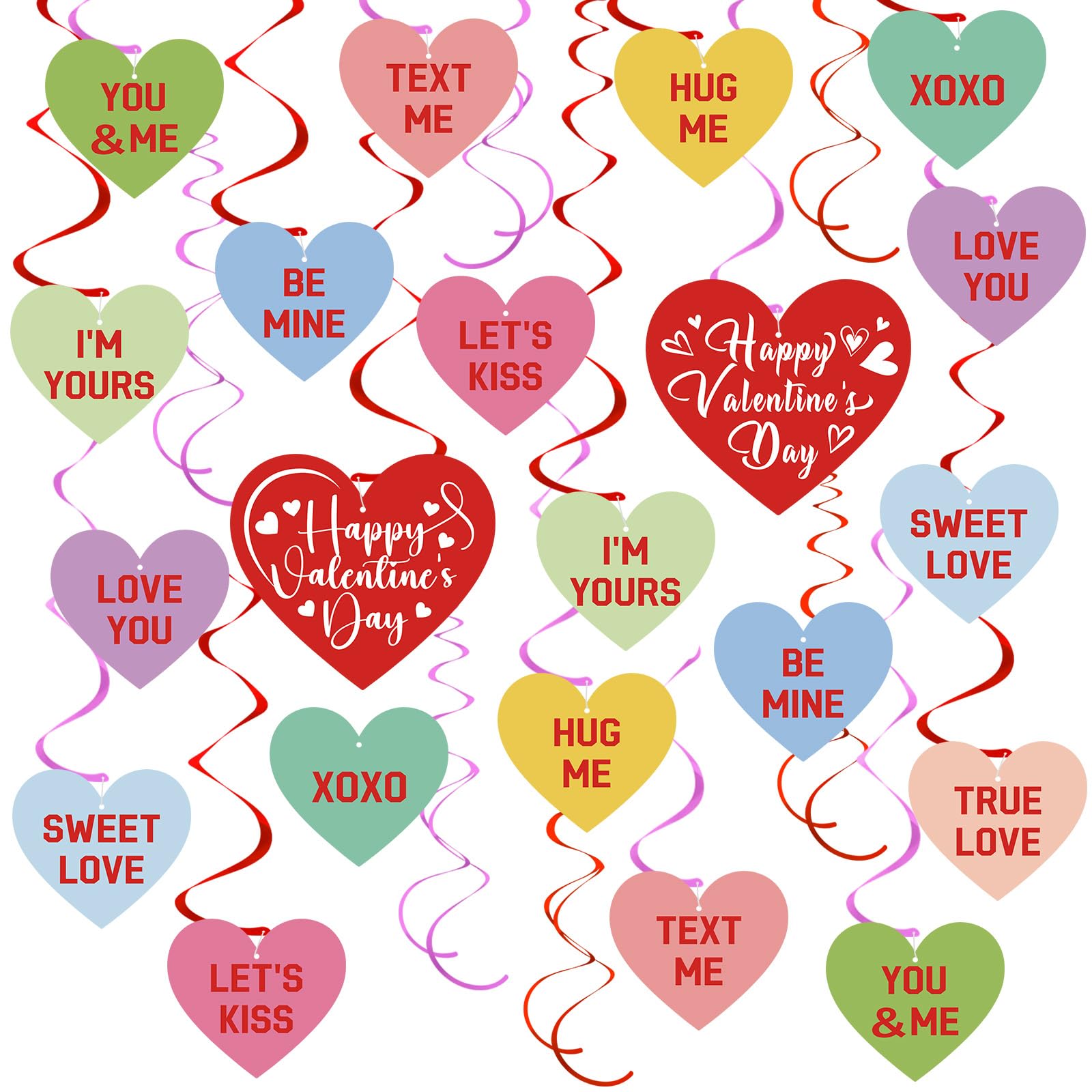 54Pcs Happy Valentine‘s Day Hanging Swirls Party Decorations Conversation Hearts Candy Hanging Swirls Banner Garland for Anniversary Valentines Day Home Office Classroom Decorations