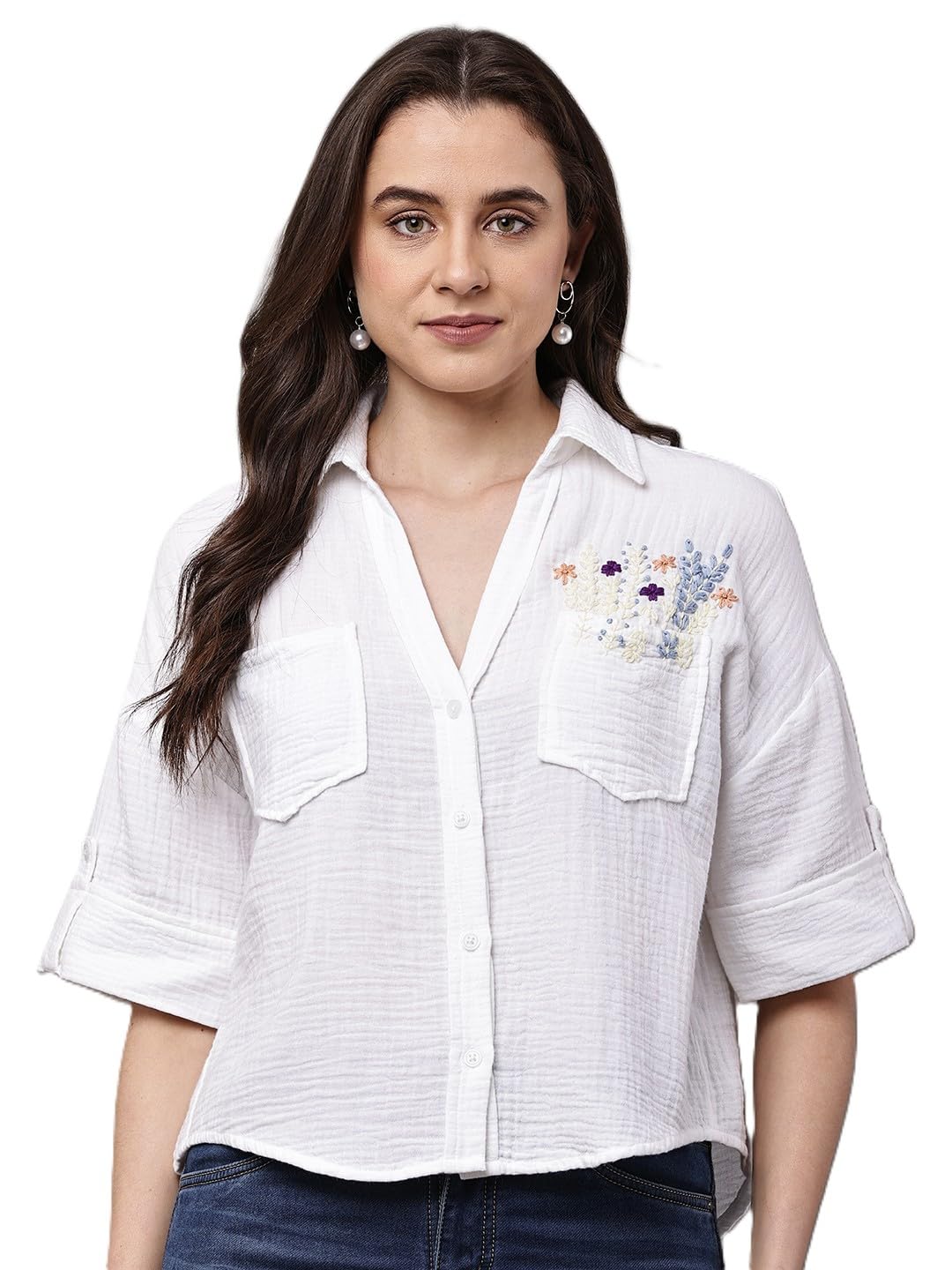 Women White Double Cloth Cotton Shirt | Embroidered Chest Pocket | Button-Down Collar | Roll-Up Short Sleeves | Regular Fit | Casual & Semi-Formal Wear | Office | Brunch-picture-25