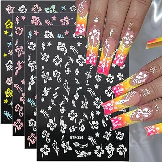 Dornail 8 Sheets 3D Colorful Flower Nail Stickers,Hollow White Hibiscus Flowers Nail Art Stickers Blooming Pink Hibiscus Floral Leaf Nail Decals for Women DIY Nail Art Supplies Nail Designs Nail Decor