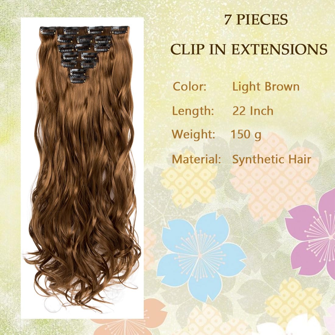 Swy Hair Clip in Hair Extensions Body Wave 22 inches 7Pcs 150g Straight Hair Synthetic Hair Extensions (W-Light Brown, Wavy) - Image 2