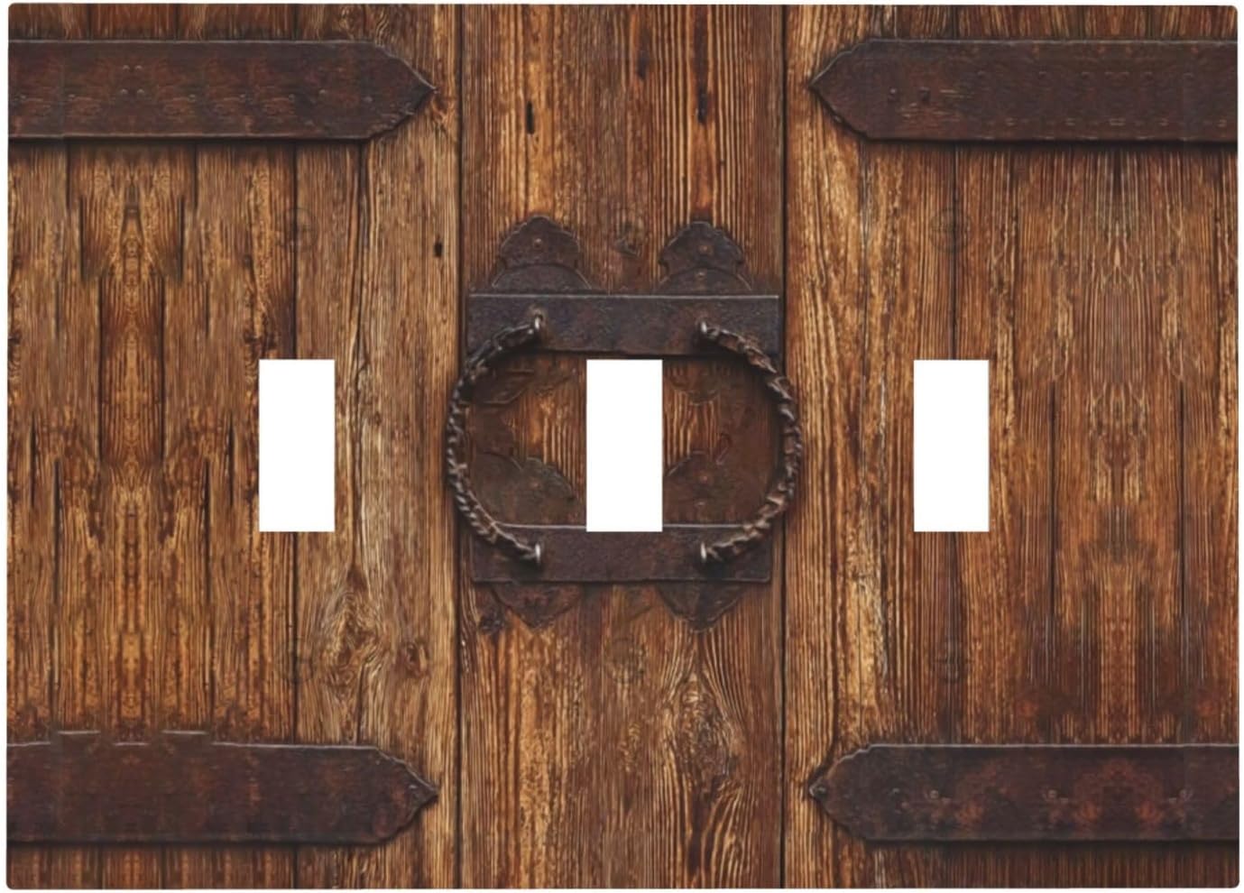 Rustic Wood Farmhouse Barn Door Light Switch Cover Vintage Brown Wooden 3 Gang Triple Toggle Decorative Wall Plate Electrical Faceplate Switchplates for Bathroom Kitchen Home 6.7" x 4.8"
