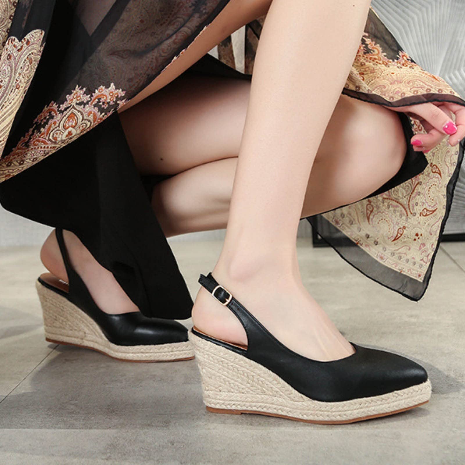 Genérico Sandalias de Cuña Mujer Pies Anchos Zapato Verano Sandalias Medio Empacadas Cuña Alpargatas de Verano Tacón Tejido Paja Pescador Mujer Caminar Doradas