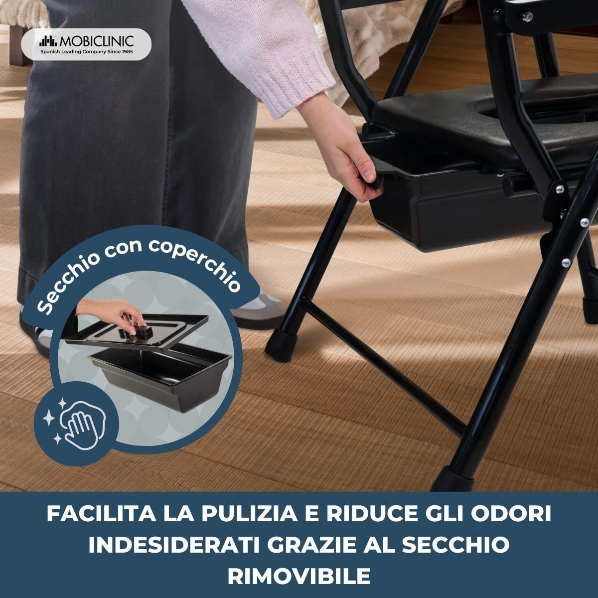 Mobiclinic®, Sedia con WC, Pieghevole, Guadalquivir, Comoda per Anziani, Marcatura CE, Braccioli, Seduta Ergonomica, Secchio Rimovibile, Piedini Antiscivolo, Nero