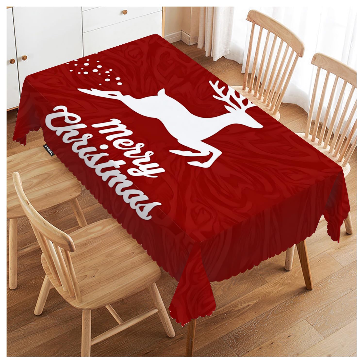 FJQWKLF Merry Christmas Tablecloths Flying Xmas Reindeer Floral Red Kitchen Dinning Tabletop Decoration, Polyester Table Cover for Indoor Outdoor 50x72 Inch Tablecloth