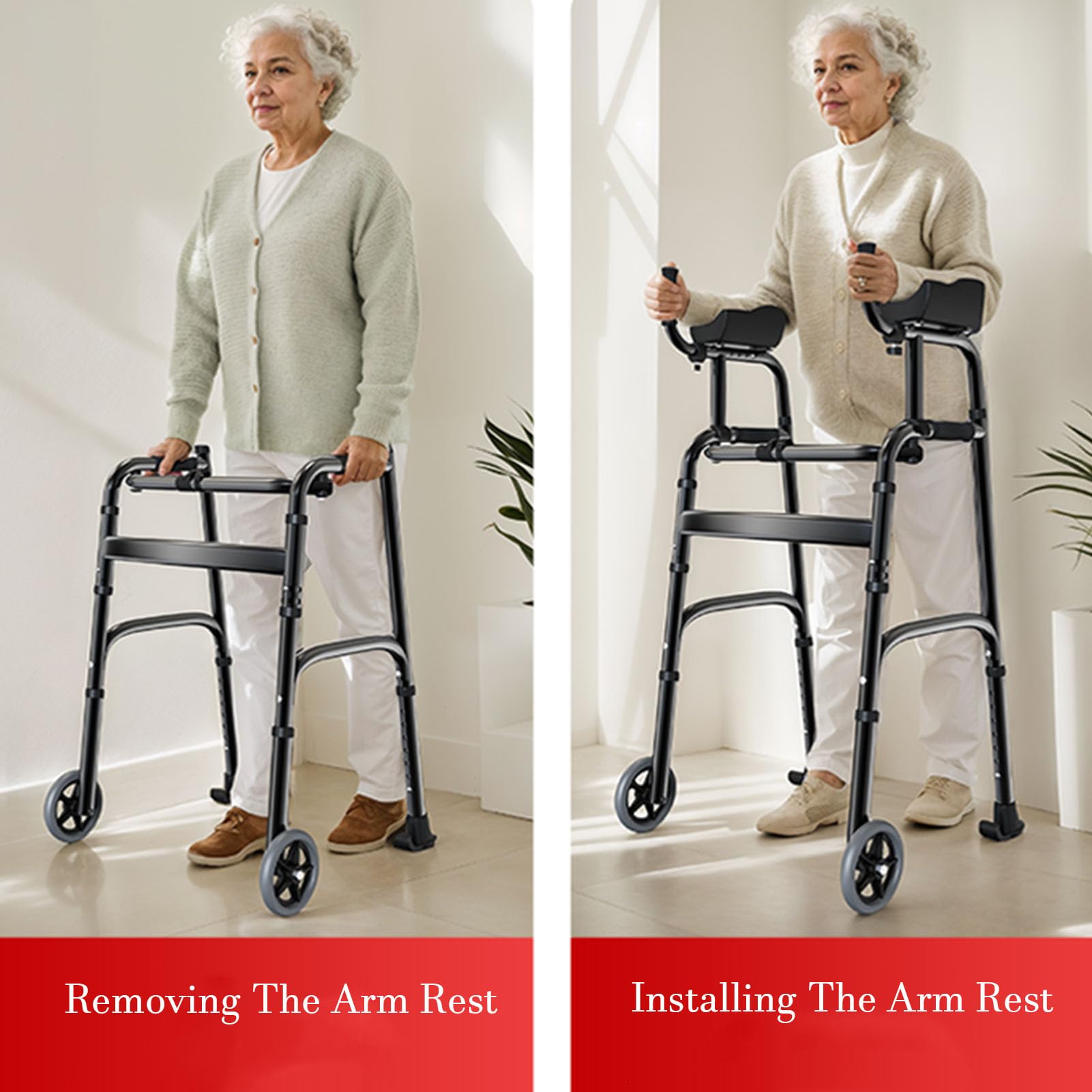 Andador Plegable estándar con Ruedas giratorias y apoyabrazos Acolchados extraíbles, Andador con Ruedas Plegable liviano de 4 Ruedas con Asiento Acolchado