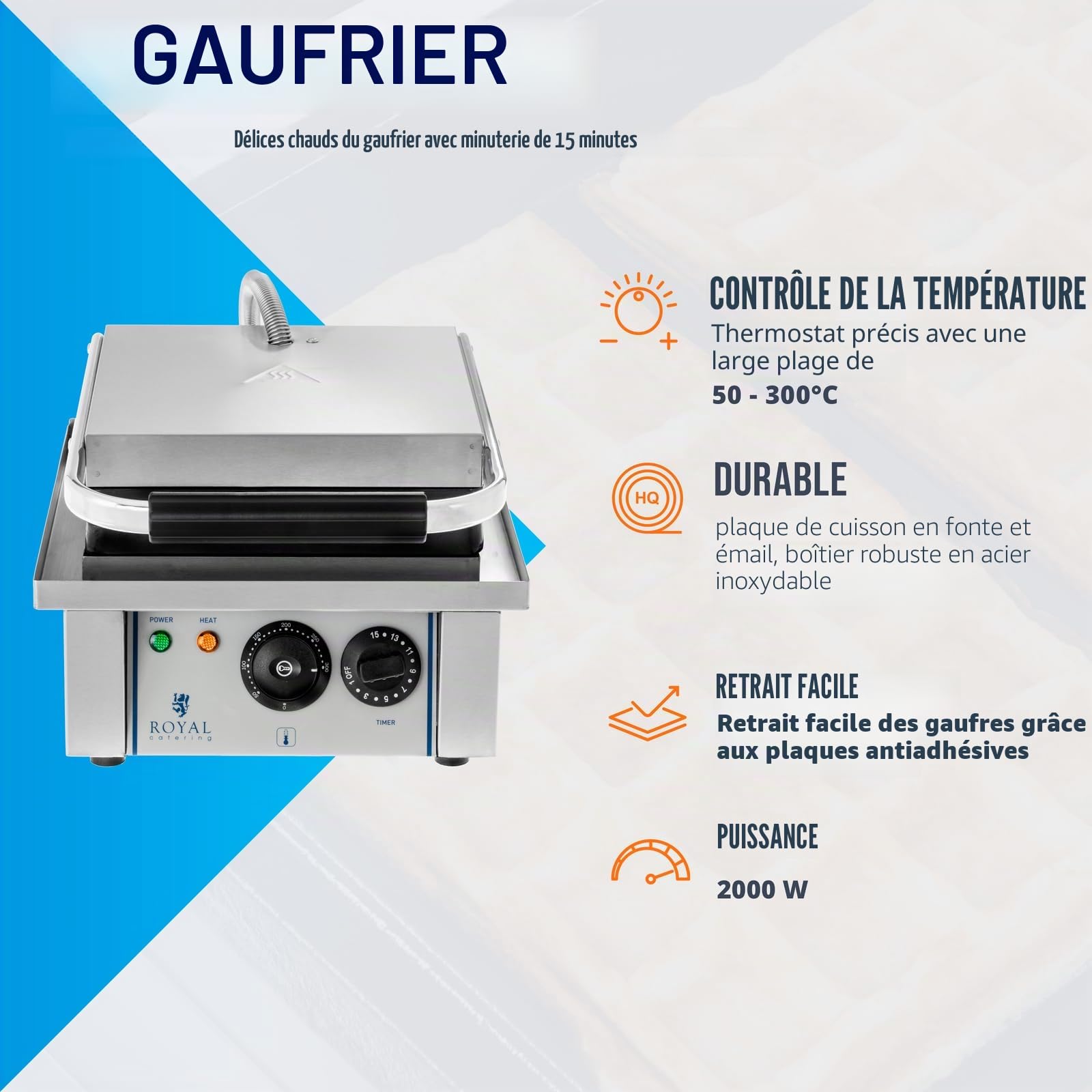 Royal Catering Gaufrier Machine à Gaufres Carré RCWM-2000-E (37x32x50cm, 2.000 W, gauffre 10 x 17 cm, minuterie jusqu'à 15 min, fonte et emaille)