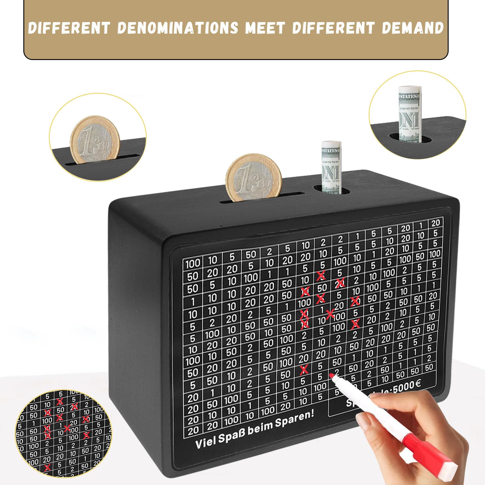Salvadanaio Legno Con Obiettivi - Riutilizzabile, Con Adesivi E Pennarello, Per Risparmi