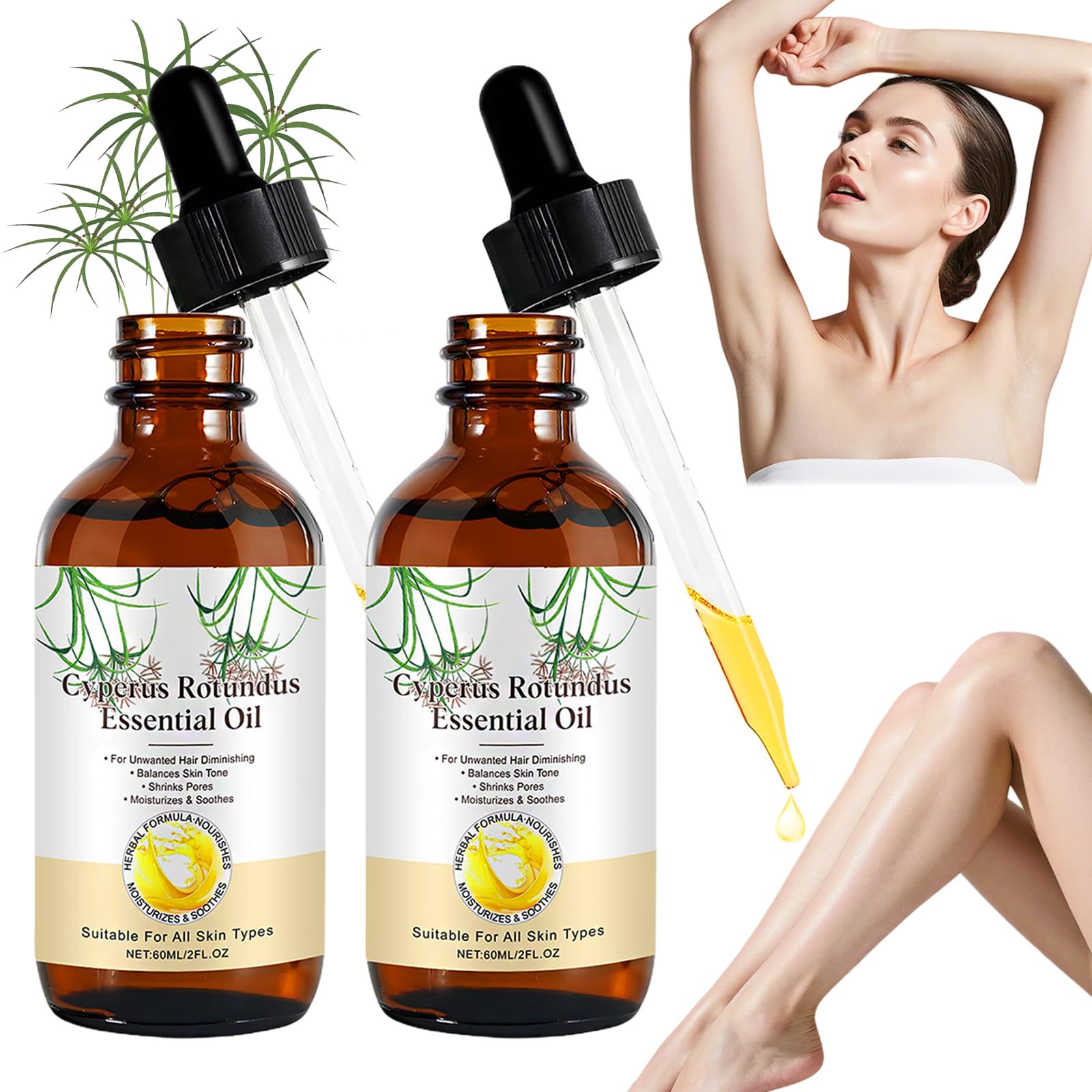 Flintronic 2 sztuki olejku Cyperus Rotundus, 120 ml, naturalny olejek Cyperus Rotundus do depilacji, olejek cyprysowy z zakraplaczem, do zmniejszenia wzrostu włosów na ciele i nawilżenia skóry
