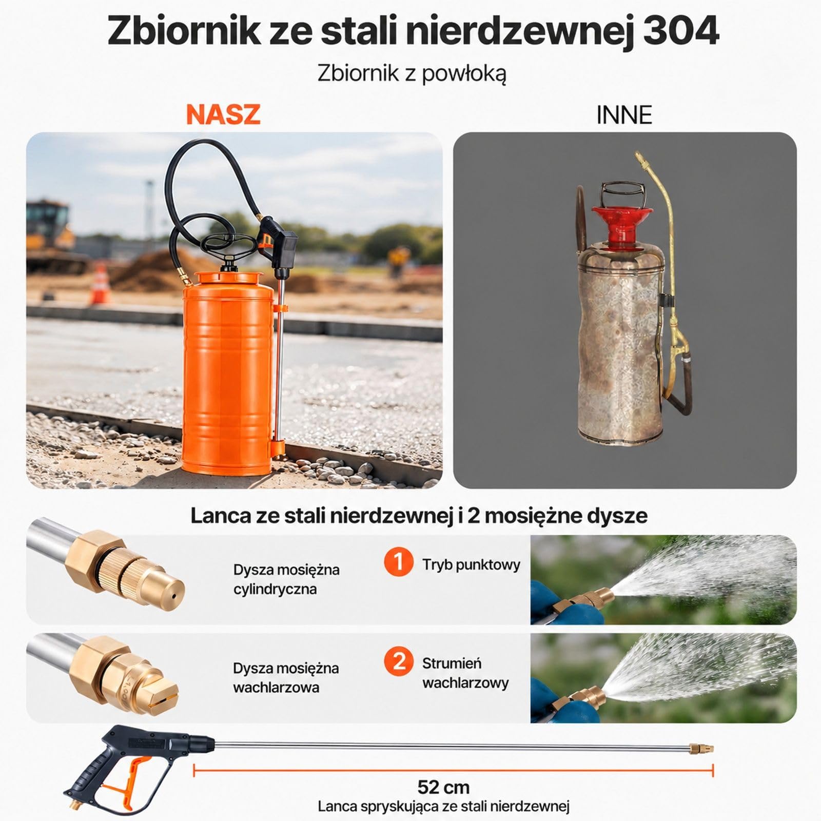 Opryskiwacz ciśnieniowy ze stali nierdzewnej 13,2 l, pomarańczowy zbiornik z lancą, uchwyt pistoletowy, czarny wąż, 2 mosiężne dysze do budowy i ogrodu
