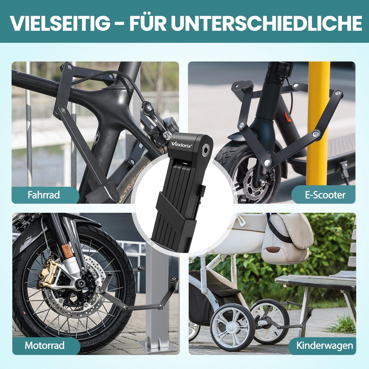 Vexloria Fermo a Catena Pieghevole per Bicicletta | Sicurezza Antifurto Alta | Acciaio Indurito | Lunghezza 86 cm | Con Supporto | Per Bicicletta, E-Bike e Moto