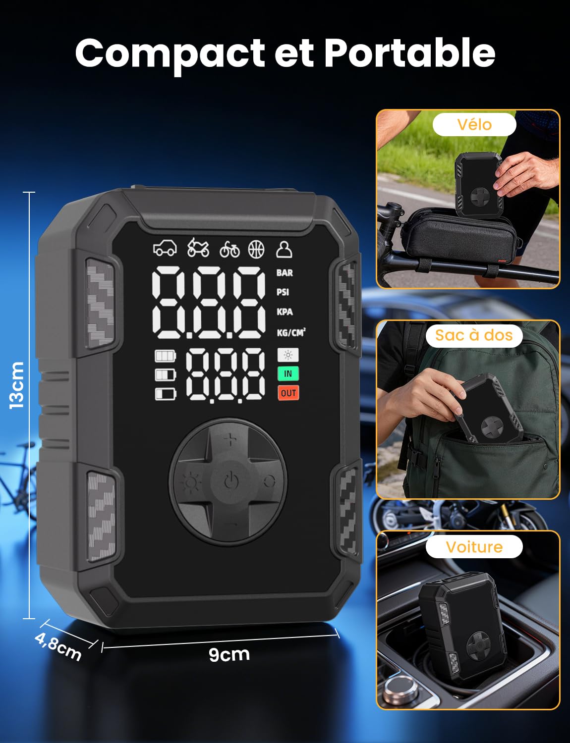 Oasser Gonfleur Pneus Voiture sans Fil Mini Compresseur à Air Portatif 150 PSI (10,3 Bar) Inflation Rapide Cylindre 19 mm Affiche 2 Valeurs Type-C USB Charge avec Tuyau de 30 cm et Sac de Rangement