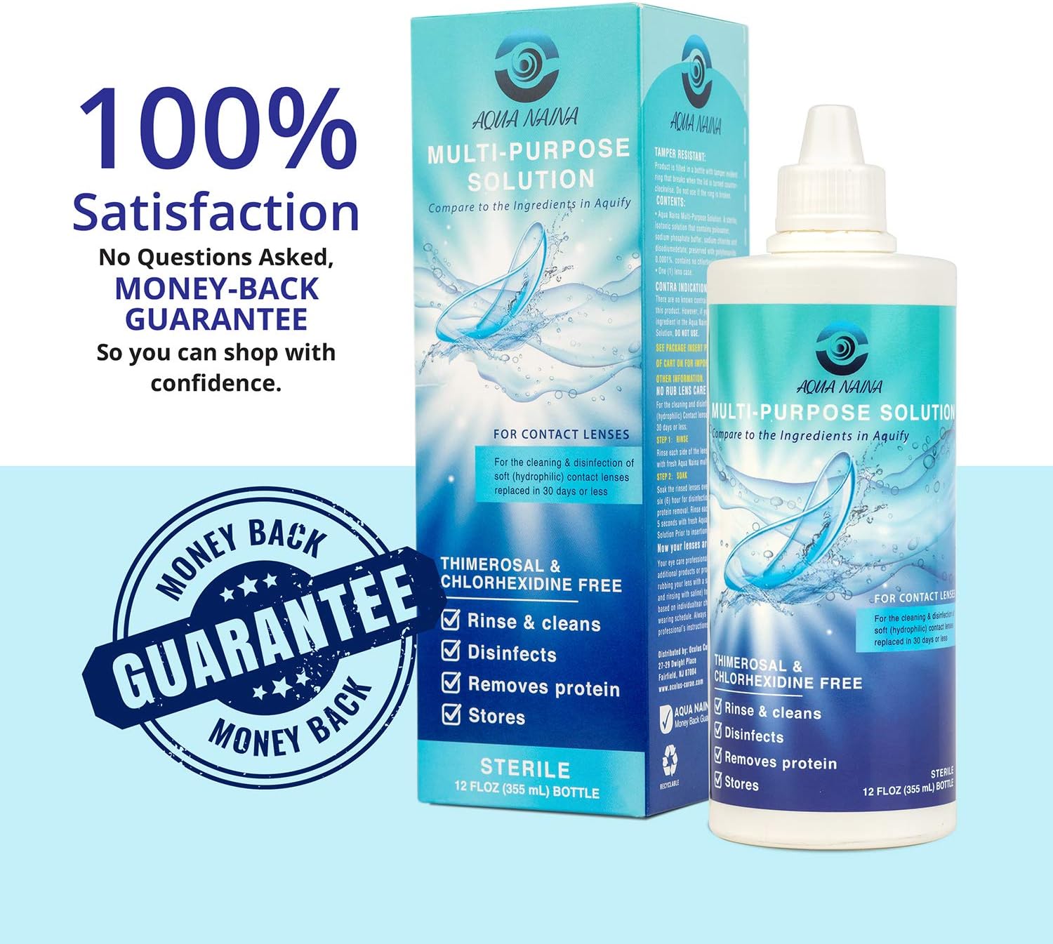 Aqua Naina (2 Pack) 12 Fl Oz | Contact Lens Solution | Cleaning and Disinfecting Multi-Purpose Solution | Convenient Everyday Lens Hygiene and Eye Care : Health & Household