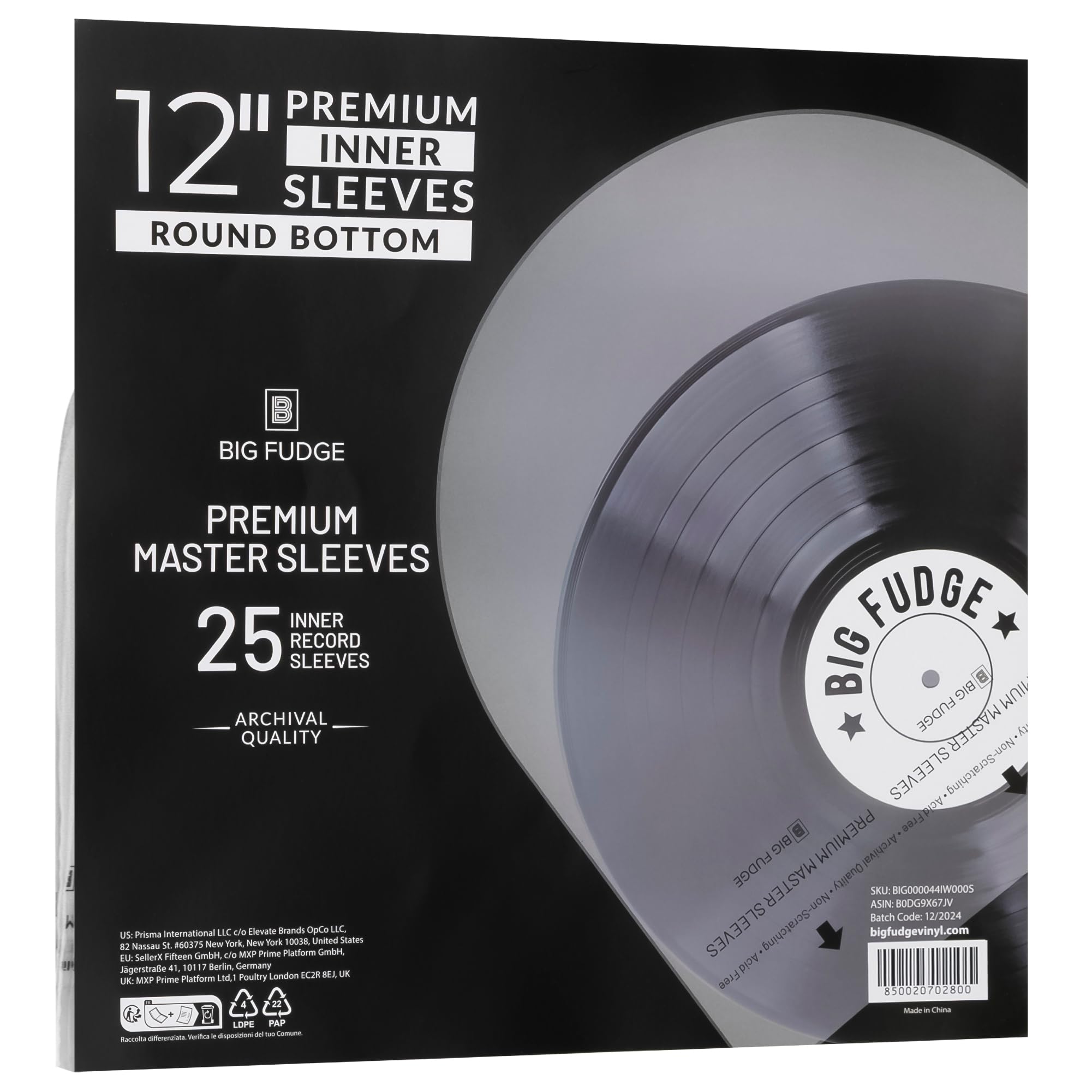Big Fudge 25er Pack 12 Zoll Schallplatten Innen Hüllen - 25x 12" Schallplatten LP Aufbewahrung Schutzhüllen - 25er Set Rundboden Vinyl Inner Sleeves - 25 Schallplattenhüllen