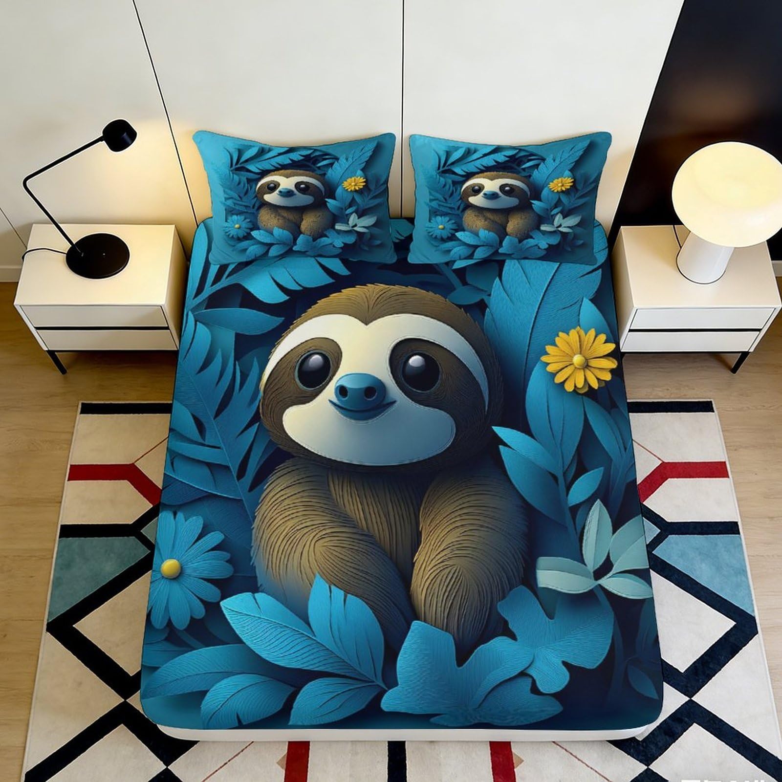 3D Printed Sloth Design Fitted Sheet Microfiber Soft Breathable Blue Jungle Bed Cover for Bedroom Dormitory Guest Room Mattress Protection 180x200x25cm