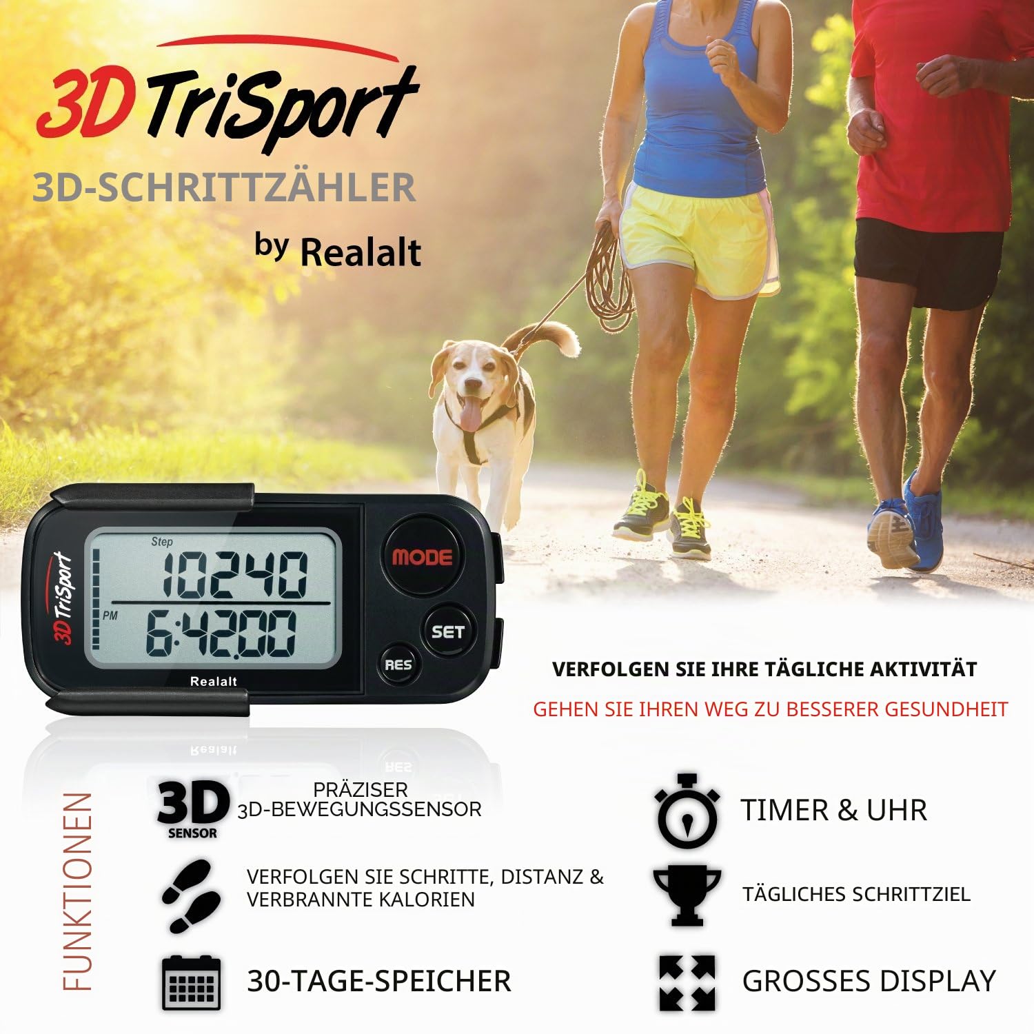 Realalt 3DTriSport 3D-Schrittzähler mit Clip & Gurt, inklusive eBook | 30-Tage-Speicher, präziser Schrittzähler, Gehstrecke in Meilen/km, Kalorienzähler, tägliche Trainingszeitüberwachung