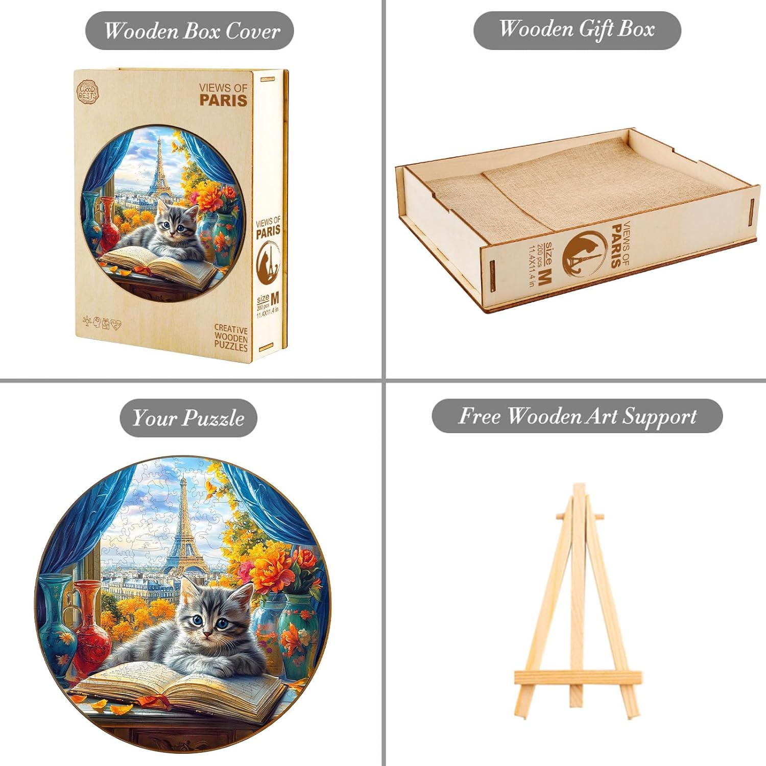 KAAYEE Wooden Puzzles for Adults, 3D Visual Effect Paris and Cat Wooden Jigsaw Puzzle Unique Shape Wood Puzzle Adult, 3D Effect Flat Puzzle Birthday Family Games (M-11.4 * 11.4 in-200pcs)