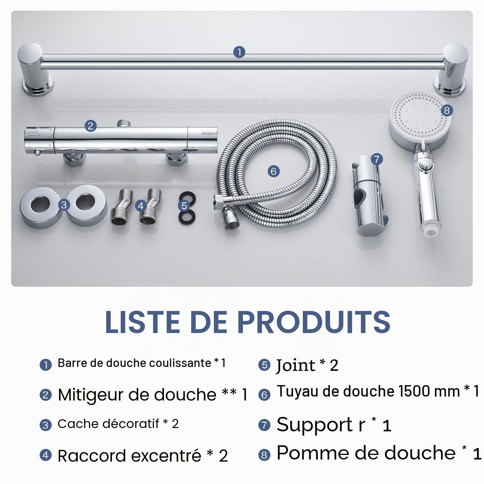 Mitigeur Thermostatique Douche Laiton, Ensemble Douche Barre 635mm, 5 Jets | Corps en Laiton, Barre Inox 304, Sécurité 38°C Anti-Brûlure, Douchette Réglable en Hauteur, Flexible 1.5m,Raccord G1/2,Chromé