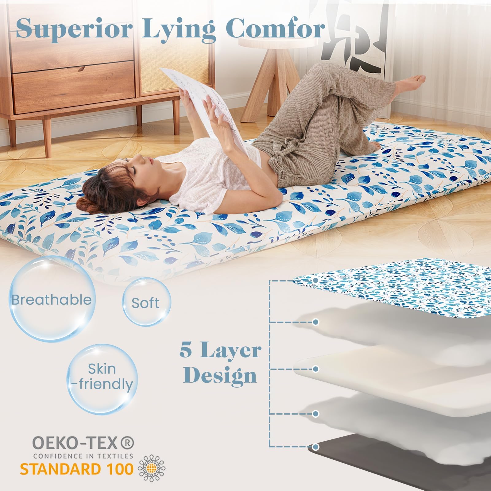 FANTASK Materasso da pavimento lavabile Tatami giapponese, materasso Futon, 90 x 200 cm, foglia blu