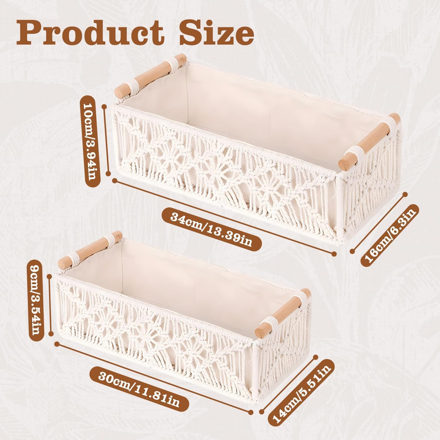 Cestini Portaoggetti In Macramè Set Di 4, Cestini Intrecciati Stile Boho | Manici In Legno E Rivestimento In Tessuto, Contenitori Decorativi Per Bagno Camera Armadio Casa